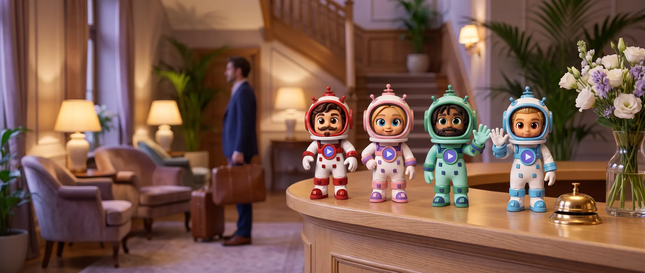 The four GuestJourney helpers on the reception desk of a hotel lobby
