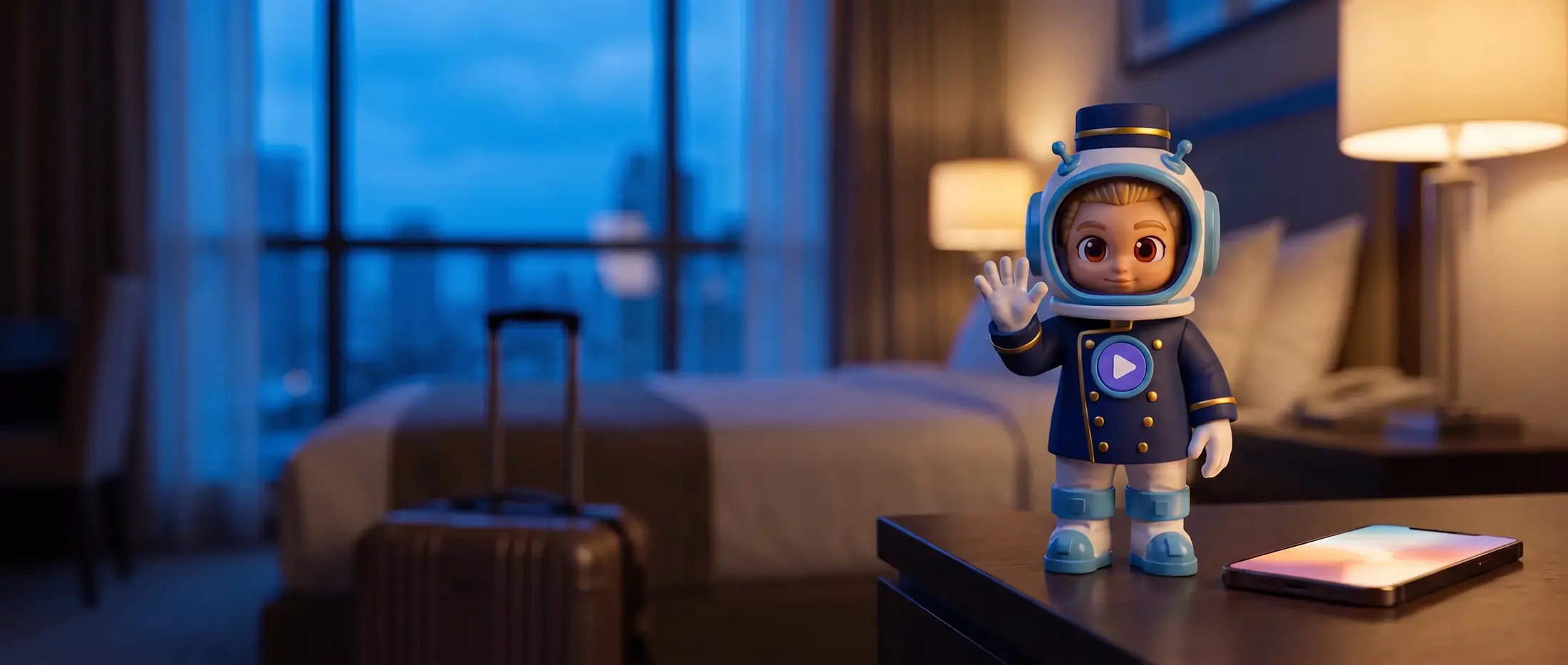 Sam on a side table in a hotel room at blue hour, next to a phone, with a suitcase in the background