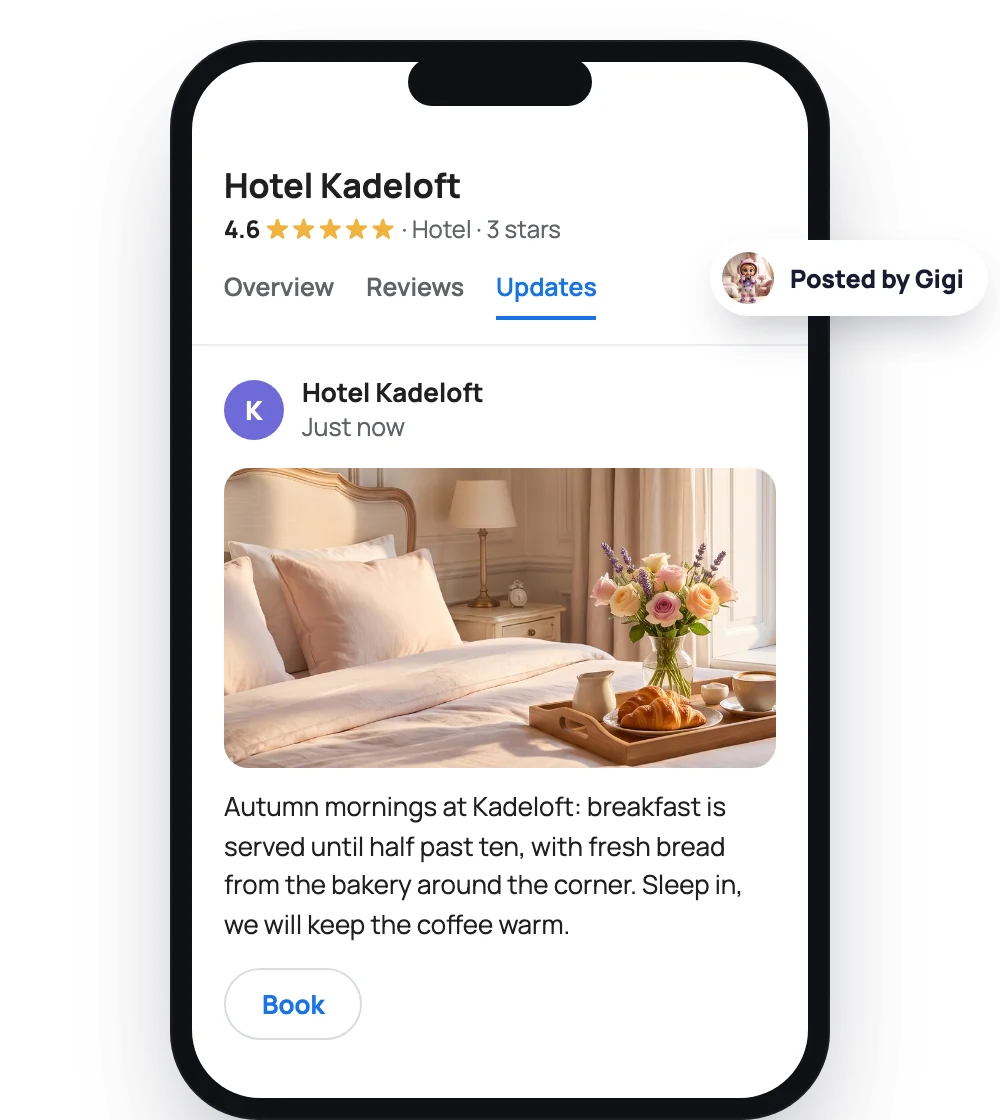 A weekly update from Gigi on the Google profile of a hotel, with a Book button