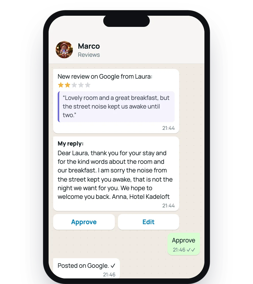 A drafted reply from Marco to a two-star Google review of a hotel, waiting for approval