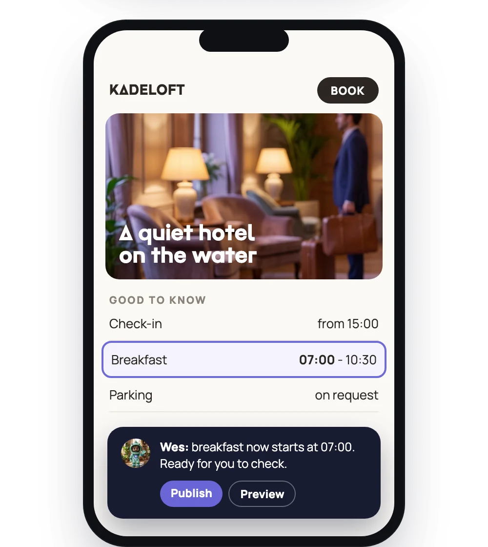 A hotel website on a phone with Wes's change ready to publish