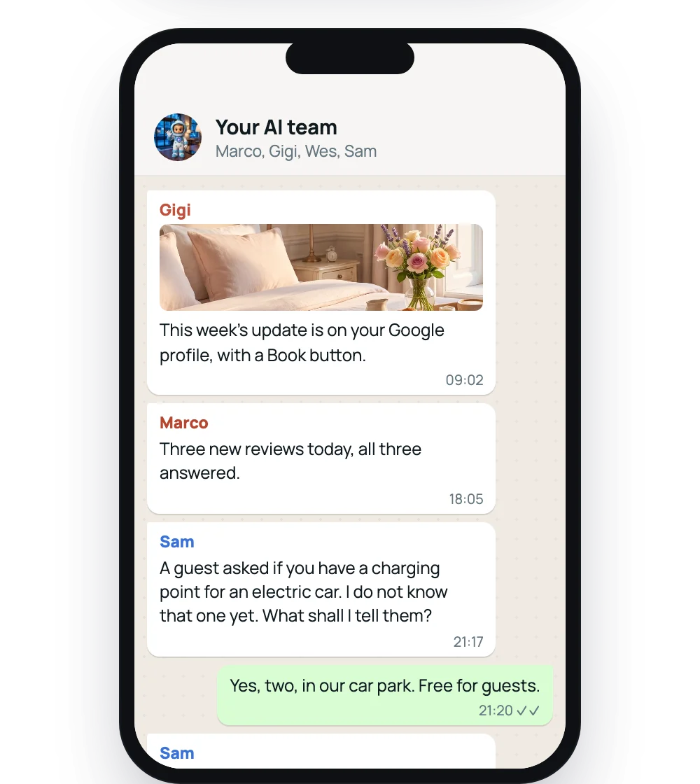 A WhatsApp chat in which the owner of a hotel approves a review reply from Marco