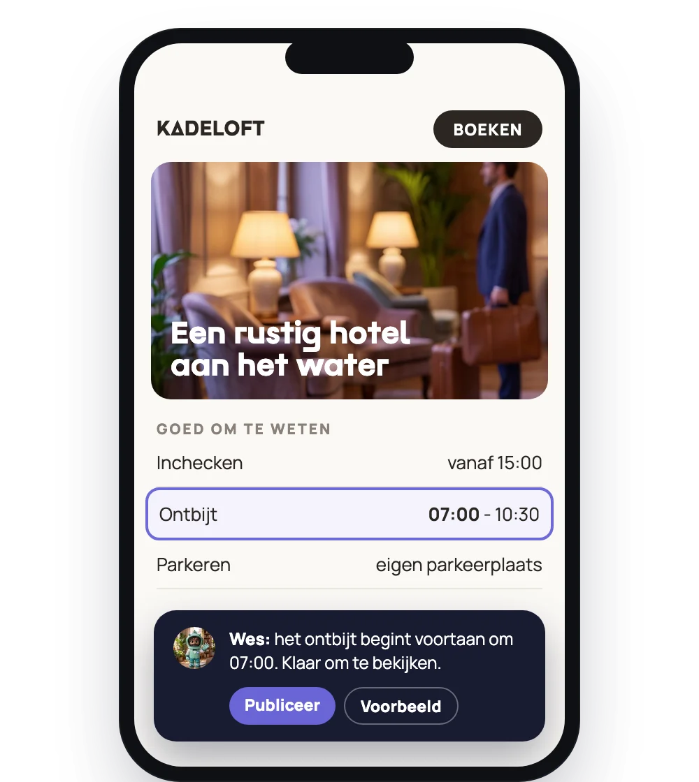 Een hotelwebsite op een telefoon met de wijziging van Wes, klaar om te publiceren